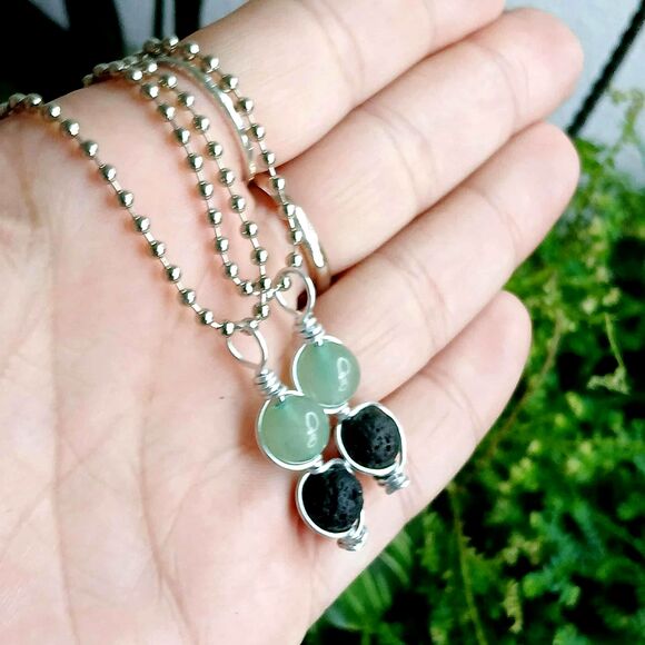 Green Aventurine & Lava Crystal Necklace, Gemstone Jewelry, 16" Ball Chain - Picture 3 of 3